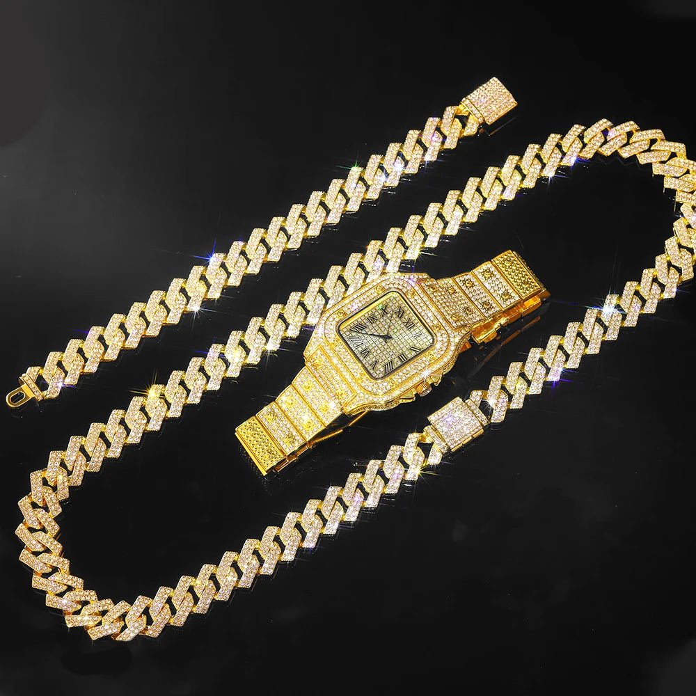 BlingCuban Set β Gold Cuban Chain Watch & Bracelet for Men