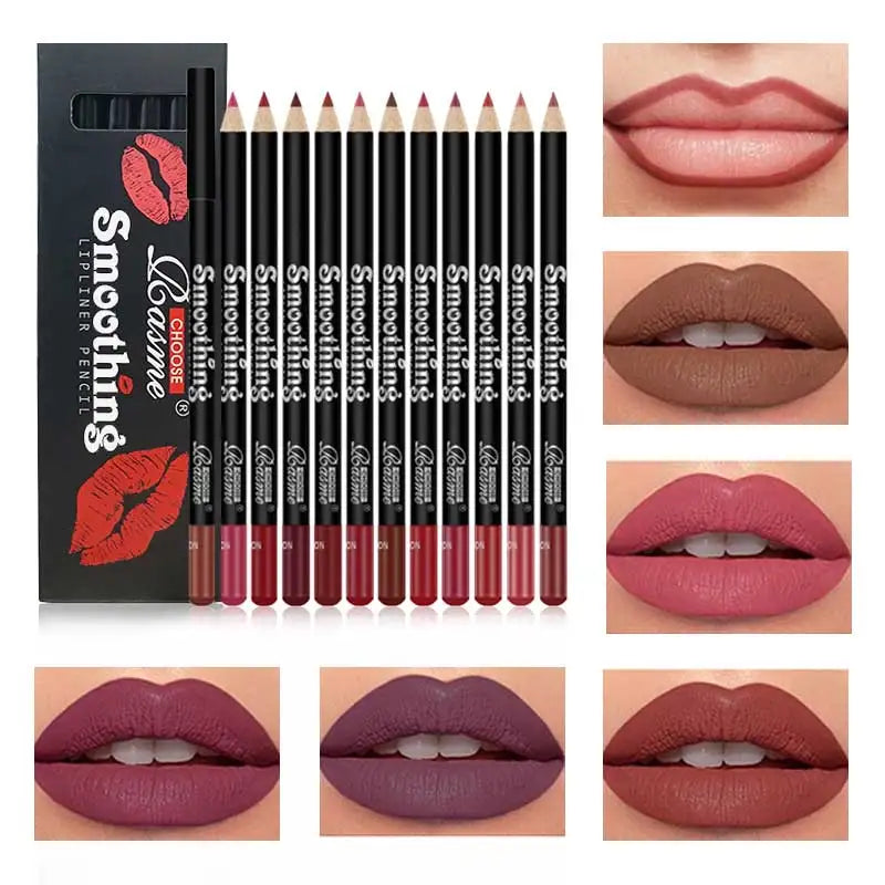 12-Piece Lip Liner & Matte Lipstick Pencil Set β Nude & Bold Colors
