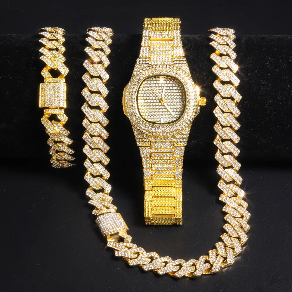 BlingCuban Set β Gold Cuban Chain Watch & Bracelet for Men