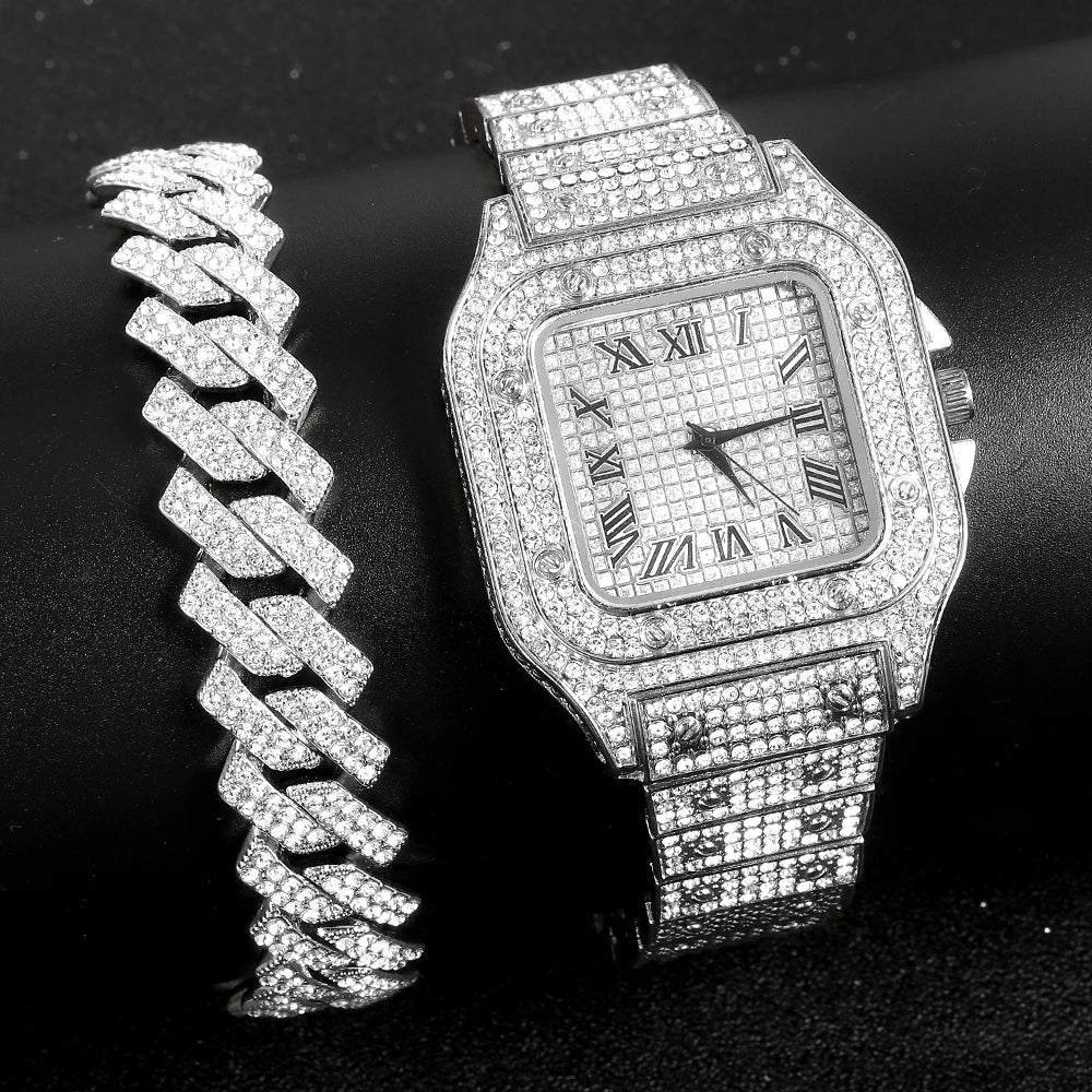 BlingCuban Set β Gold Cuban Chain Watch & Bracelet for Men