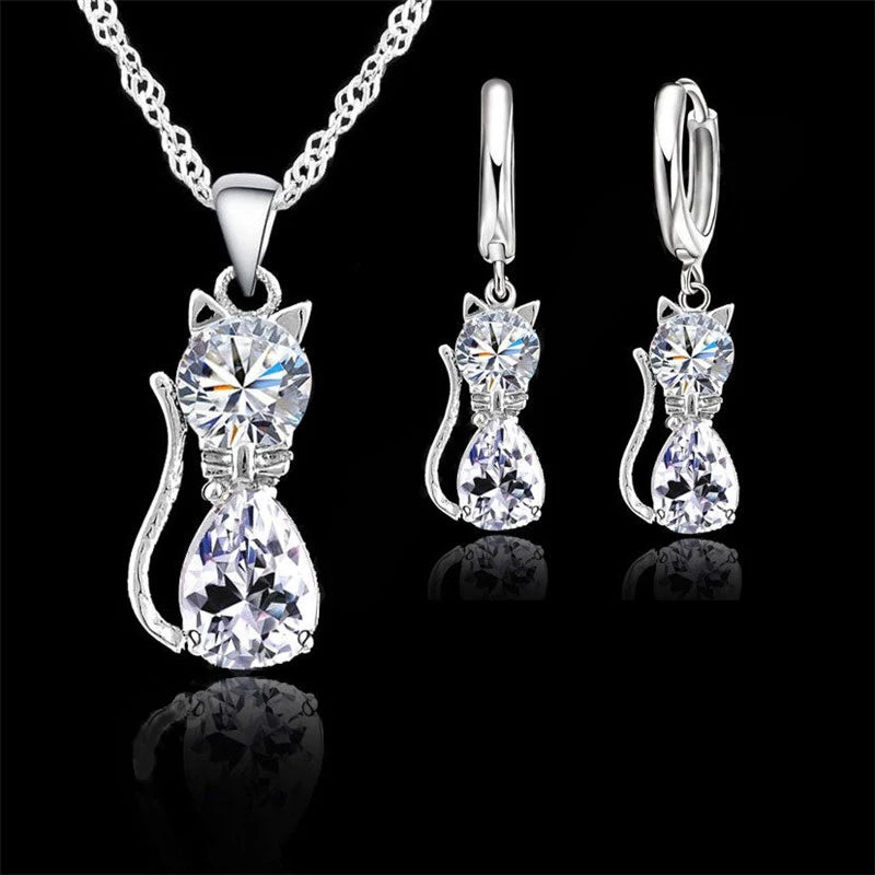925 Sterling Silver Jewelry Set with Austrian Crystal Cat Pendant & Huggie Earrings