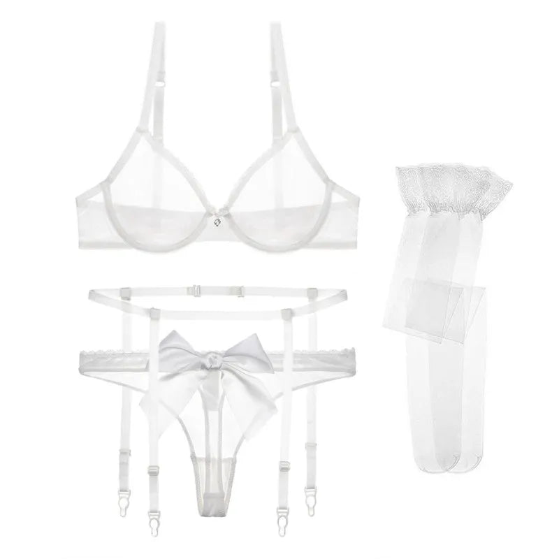 Varsbaby 4-Piece Sexy Bow Lingerie Set β Ultra-Thin Mesh with Thong, Garter & Stockings