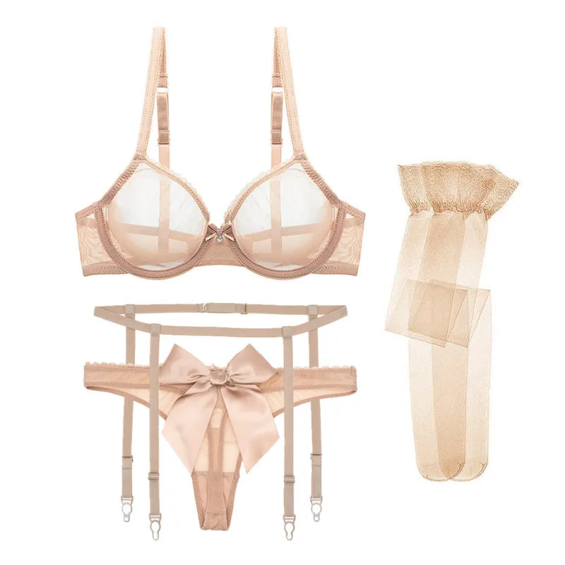 Varsbaby 4-Piece Sexy Bow Lingerie Set β Ultra-Thin Mesh with Thong, Garter & Stockings