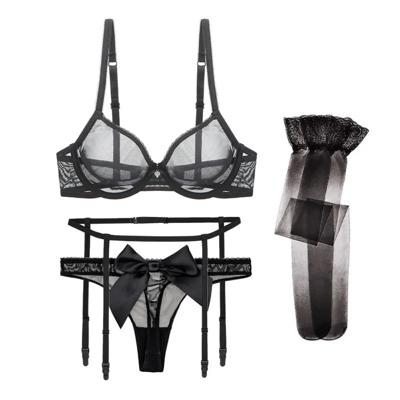 Varsbaby 4-Piece Sexy Bow Lingerie Set β Ultra-Thin Mesh with Thong, Garter & Stockings