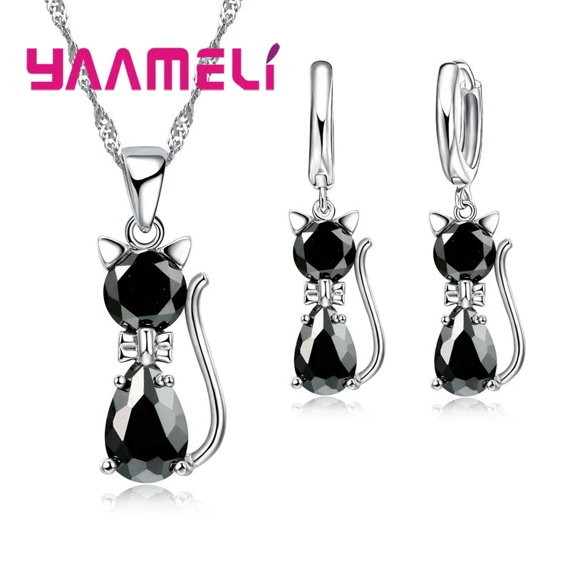 925 Sterling Silver Jewelry Set with Austrian Crystal Cat Pendant & Huggie Earrings
