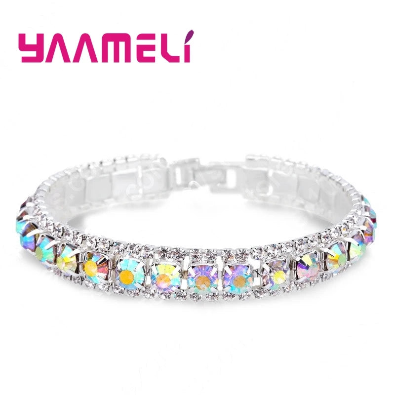 925 Sterling Silver Bracelets with AAA Zircon Austrian Crystals β 14 Color Link Chain Bangles