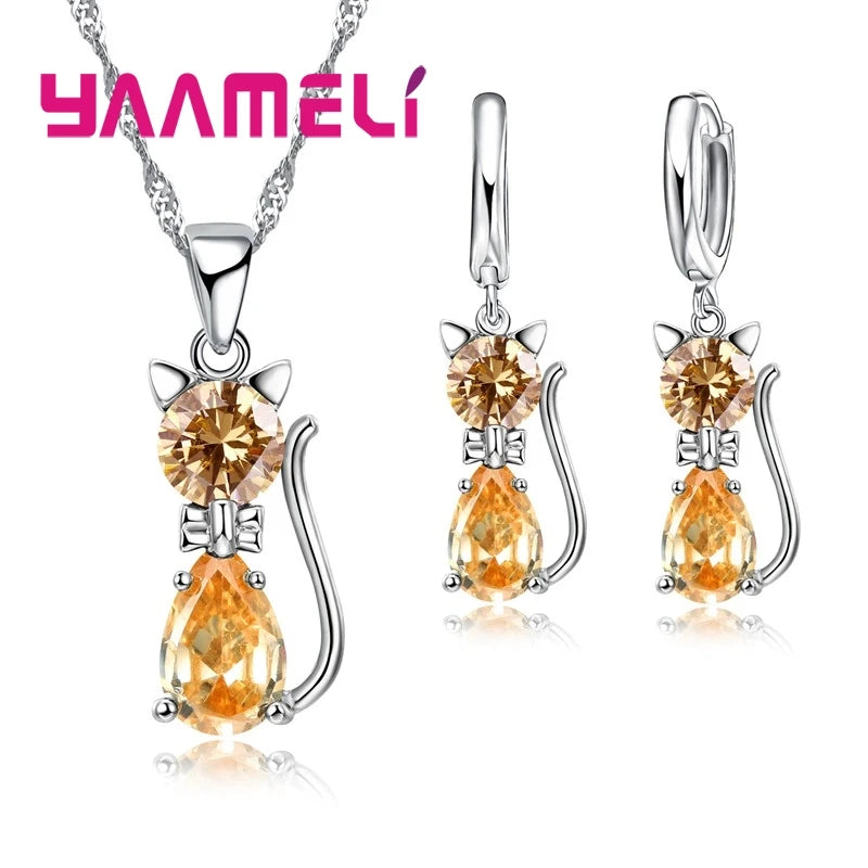 925 Sterling Silver Jewelry Set with Austrian Crystal Cat Pendant & Huggie Earrings