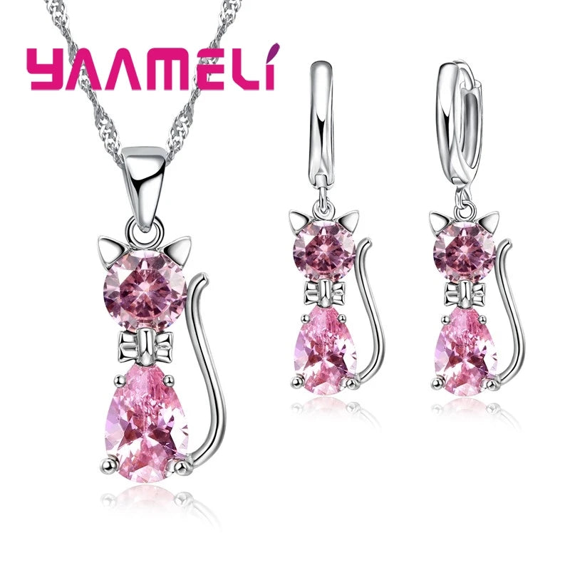 925 Sterling Silver Jewelry Set with Austrian Crystal Cat Pendant & Huggie Earrings