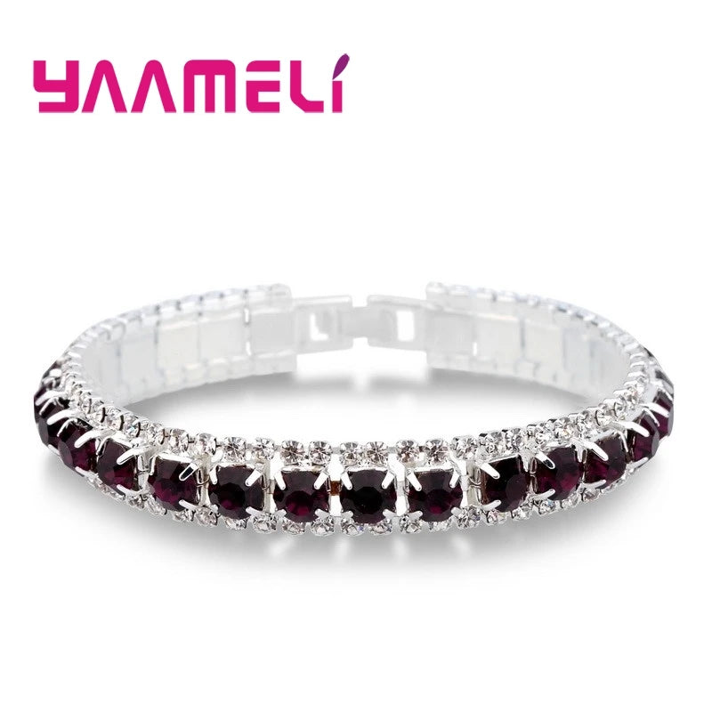 925 Sterling Silver Bracelets with AAA Zircon Austrian Crystals β 14 Color Link Chain Bangles