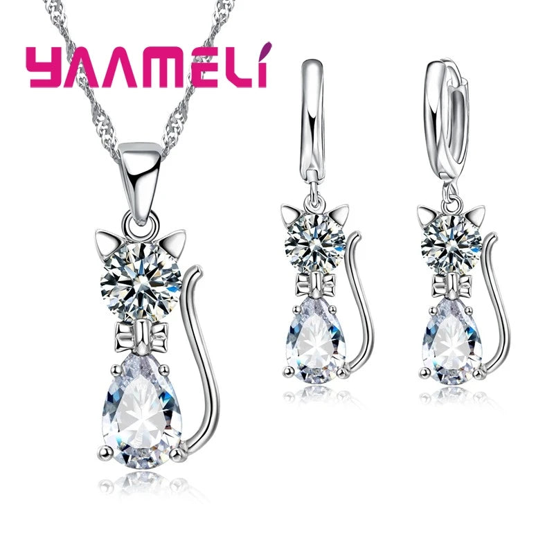 925 Sterling Silver Jewelry Set with Austrian Crystal Cat Pendant & Huggie Earrings