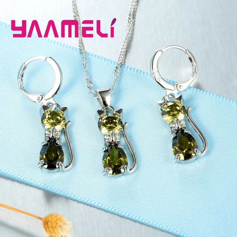 925 Sterling Silver Jewelry Set with Austrian Crystal Cat Pendant & Huggie Earrings