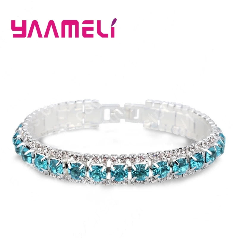 925 Sterling Silver Bracelets with AAA Zircon Austrian Crystals β 14 Color Link Chain Bangles