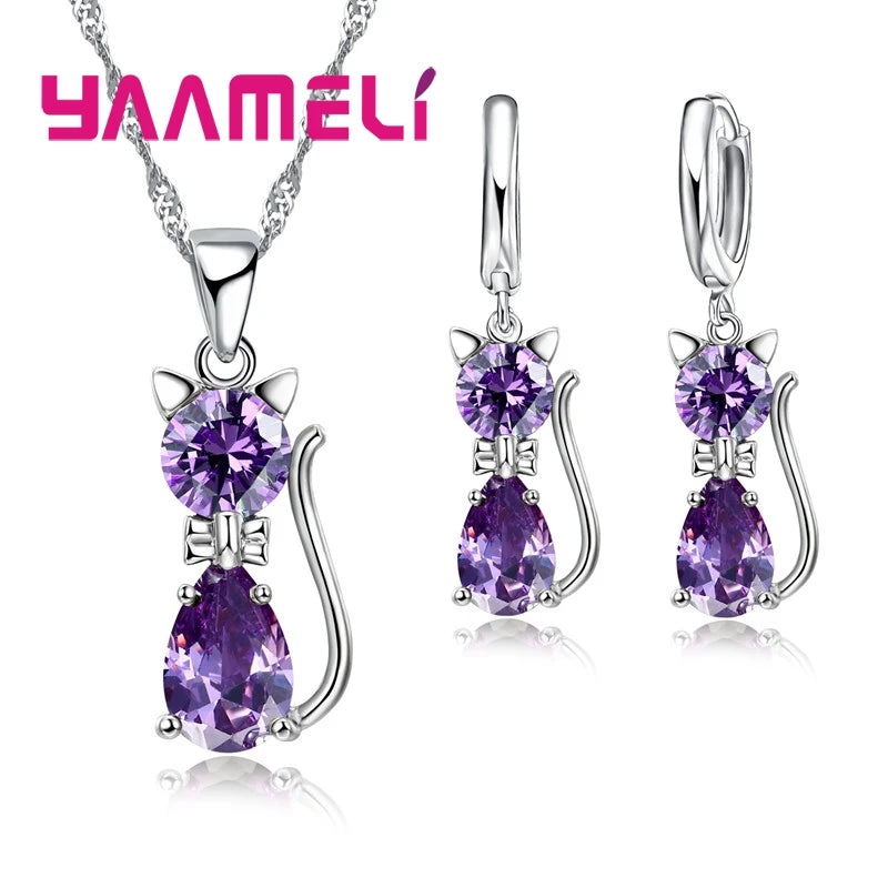 925 Sterling Silver Jewelry Set with Austrian Crystal Cat Pendant & Huggie Earrings