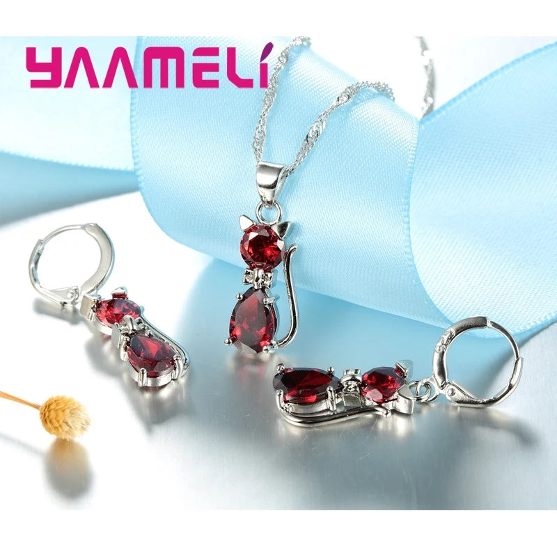 925 Sterling Silver Jewelry Set with Austrian Crystal Cat Pendant & Huggie Earrings