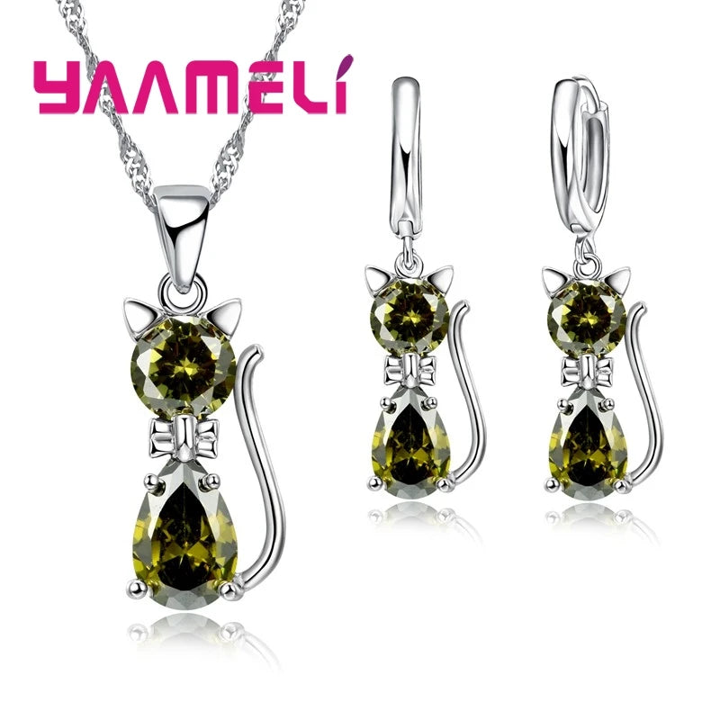 925 Sterling Silver Jewelry Set with Austrian Crystal Cat Pendant & Huggie Earrings