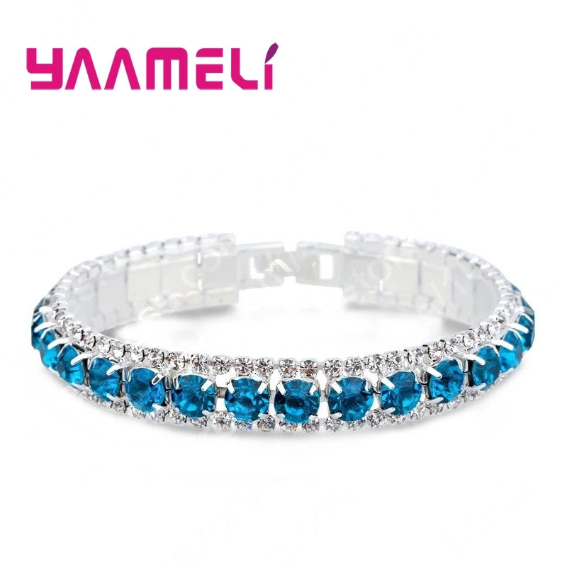 925 Sterling Silver Bracelets with AAA Zircon Austrian Crystals β 14 Color Link Chain Bangles