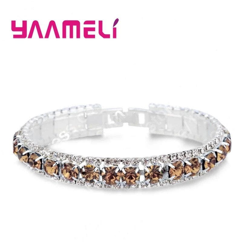 925 Sterling Silver Bracelets with AAA Zircon Austrian Crystals β 14 Color Link Chain Bangles