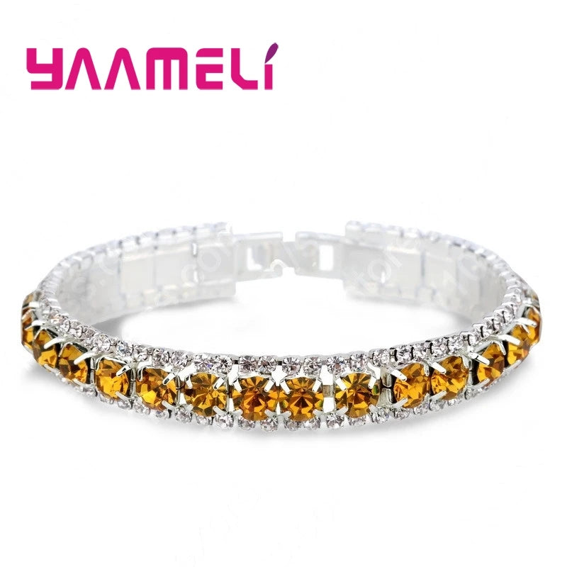 925 Sterling Silver Bracelets with AAA Zircon Austrian Crystals β 14 Color Link Chain Bangles