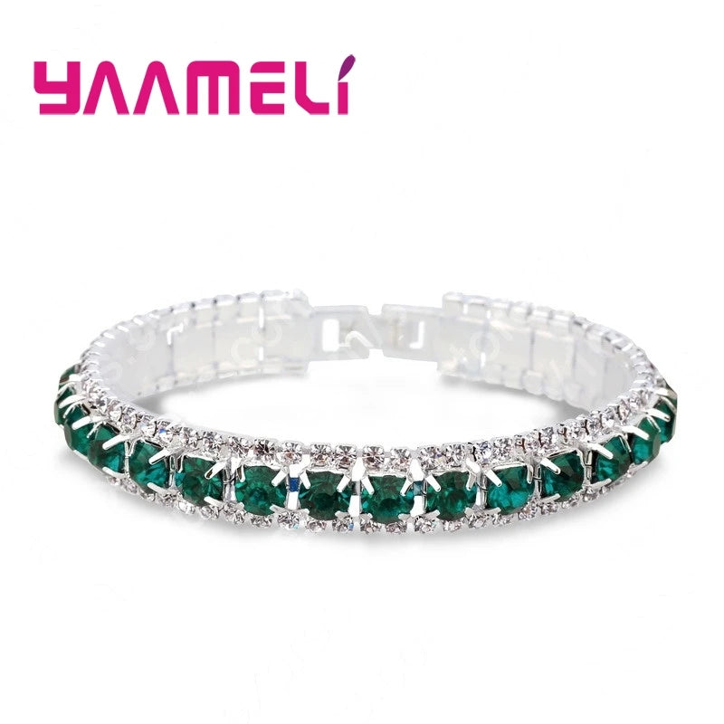 925 Sterling Silver Bracelets with AAA Zircon Austrian Crystals β 14 Color Link Chain Bangles