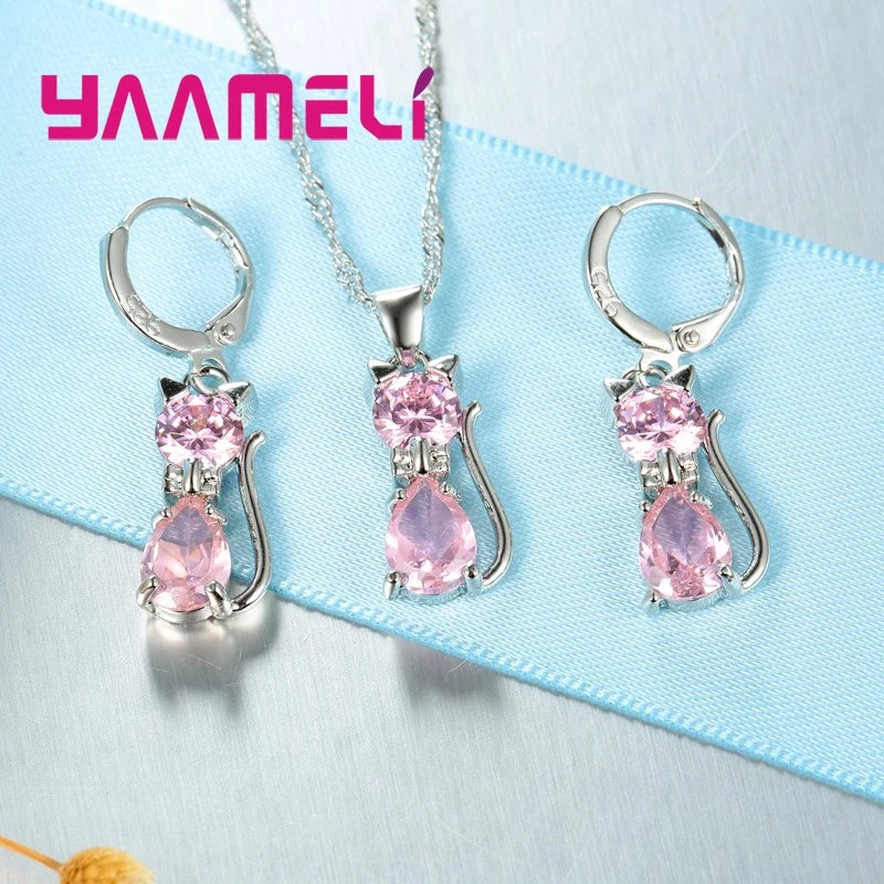 925 Sterling Silver Jewelry Set with Austrian Crystal Cat Pendant & Huggie Earrings