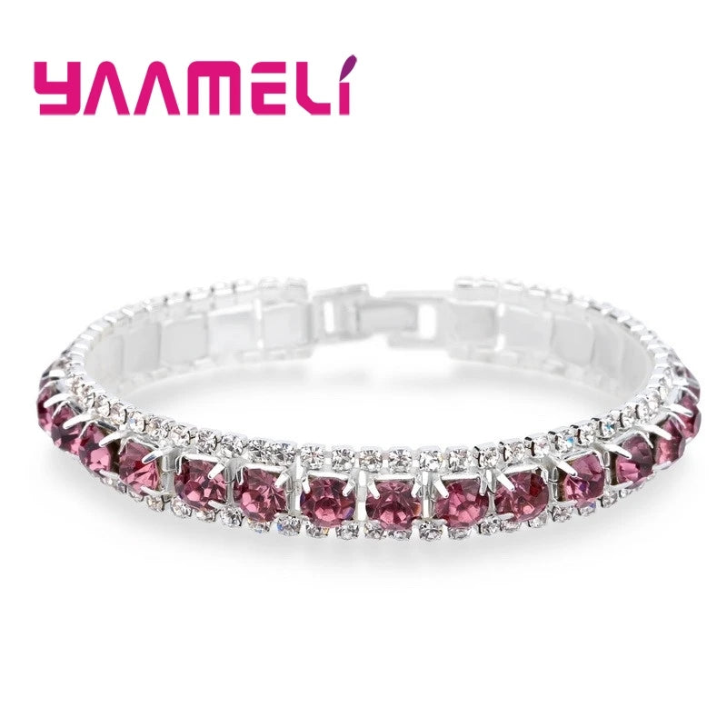 925 Sterling Silver Bracelets with AAA Zircon Austrian Crystals β 14 Color Link Chain Bangles