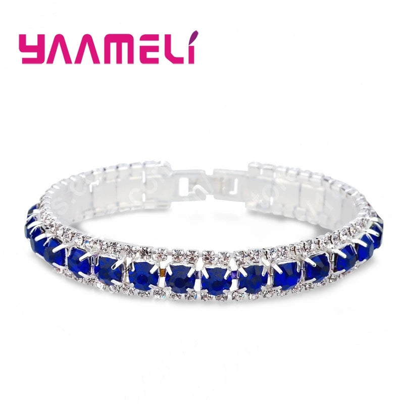 925 Sterling Silver Bracelets with AAA Zircon Austrian Crystals β 14 Color Link Chain Bangles