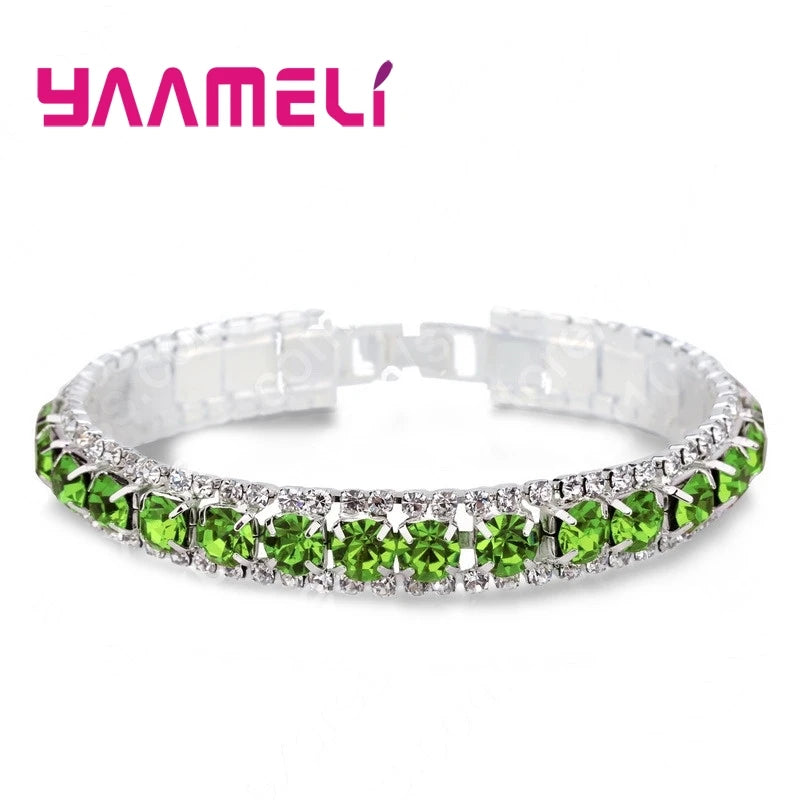 925 Sterling Silver Bracelets with AAA Zircon Austrian Crystals β 14 Color Link Chain Bangles