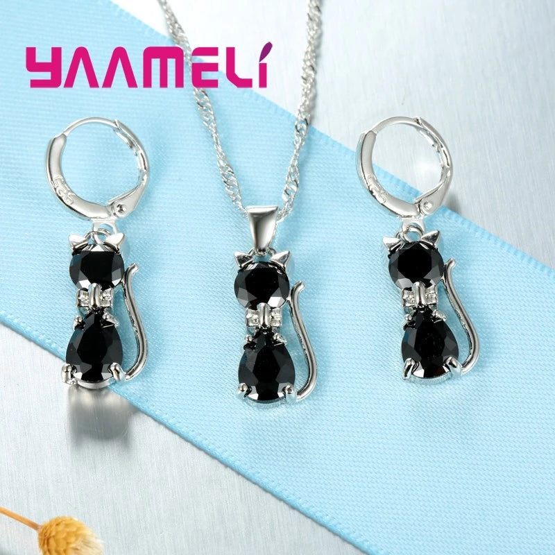925 Sterling Silver Jewelry Set with Austrian Crystal Cat Pendant & Huggie Earrings
