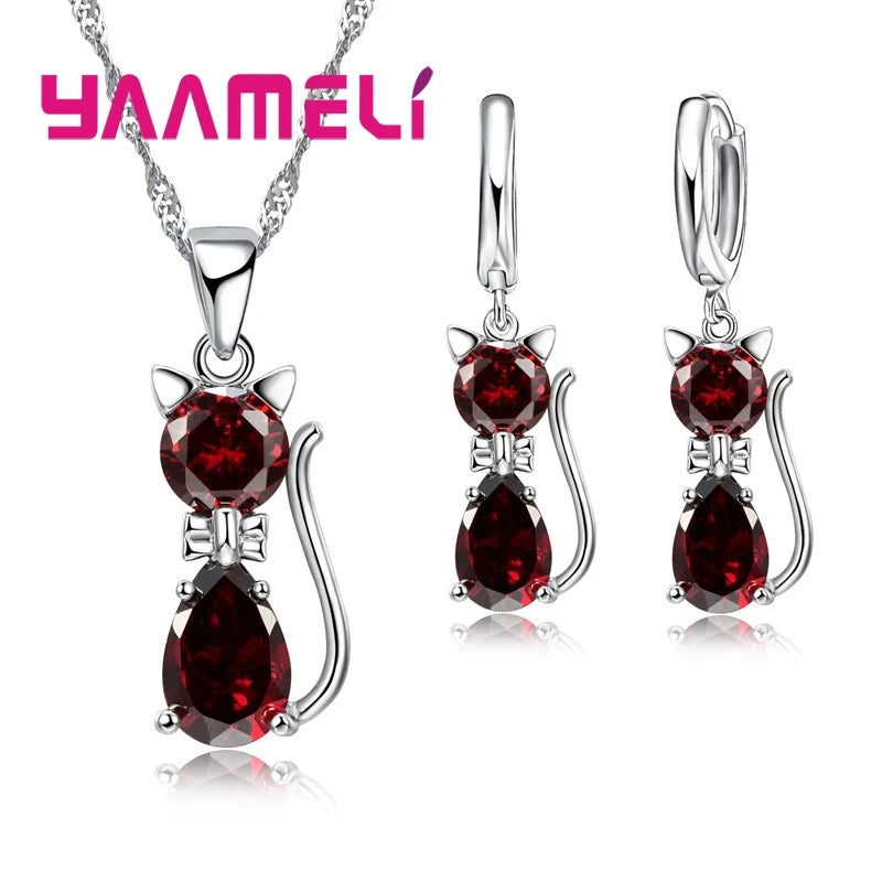 925 Sterling Silver Jewelry Set with Austrian Crystal Cat Pendant & Huggie Earrings