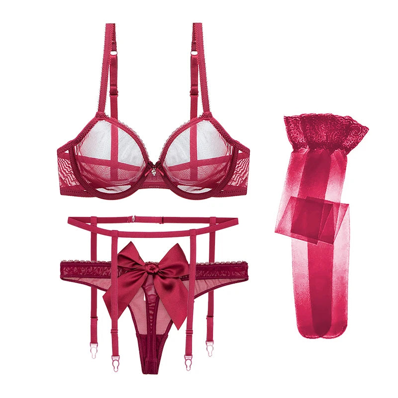 Varsbaby 4-Piece Sexy Bow Lingerie Set β Ultra-Thin Mesh with Thong, Garter & Stockings