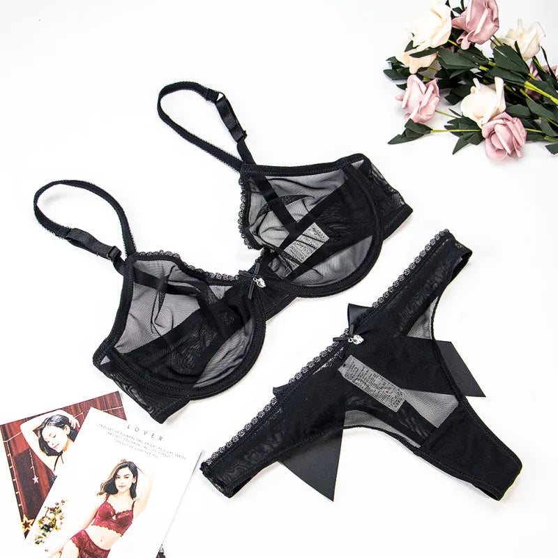 Varsbaby 4-Piece Sexy Bow Lingerie Set β Ultra-Thin Mesh with Thong, Garter & Stockings