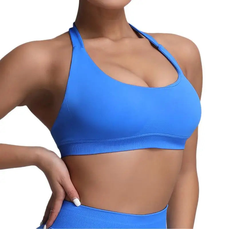 Seamless Halter Strap Sports Bra β Medium Support Padded Open-Back Yoga Crop Top