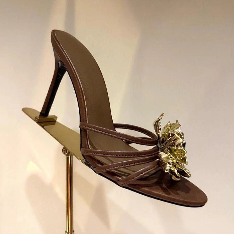 FloraStiletto 2025 β Metal Flower Thin Strap Sandals