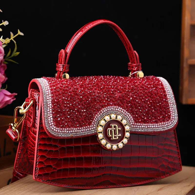 CrimsonGlam β 2025 Croc-Pattern Diamond Shell Handbag