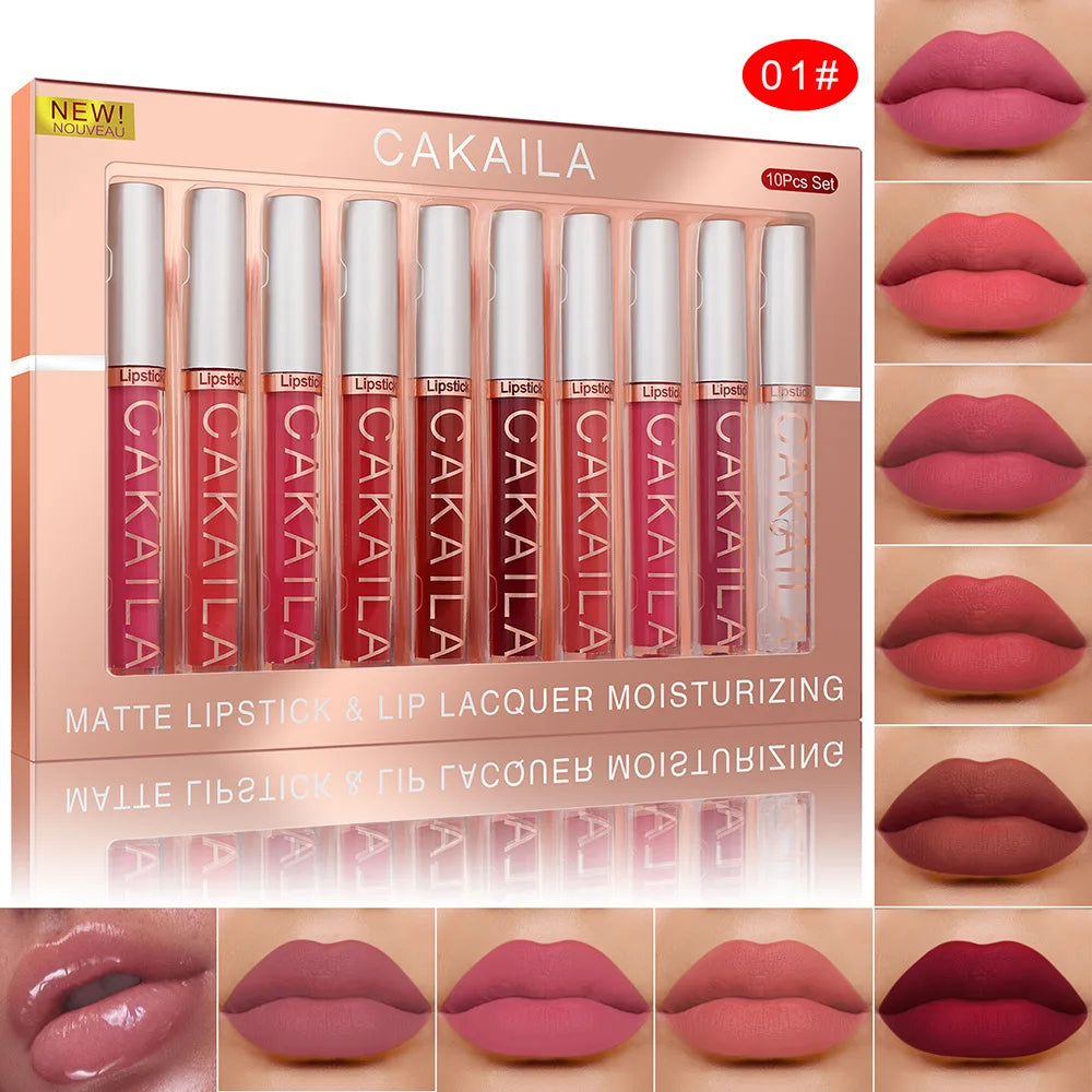 Cakaila NudeLux โ 10PCS Matte Velvet Waterproof Liquid Lipstick Set