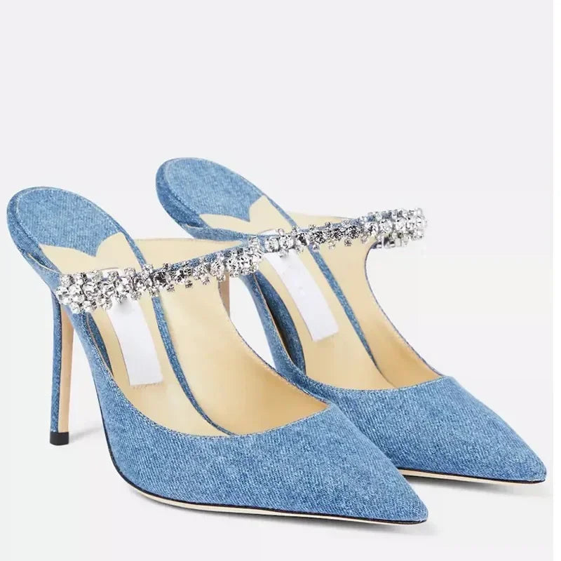 RhinestoneGlow β Pointed Baotou Summer High Heels