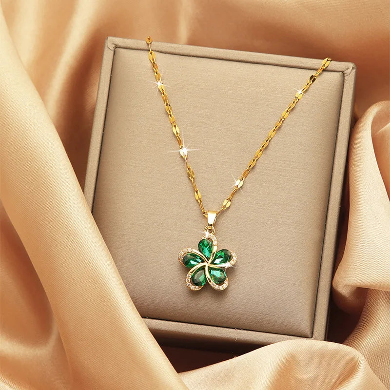 Green Zircon Flower Pendant Necklace β Stainless Steel Lucky Chain for Women