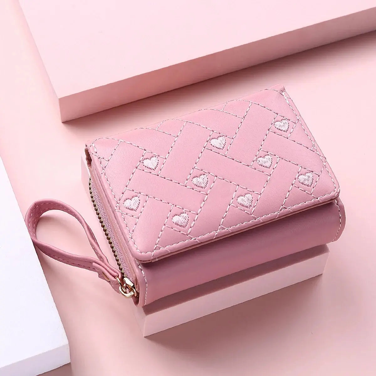 Women’s Short Embroidered Love Wallet – Large Capacity Card & Coin Zipper Bag