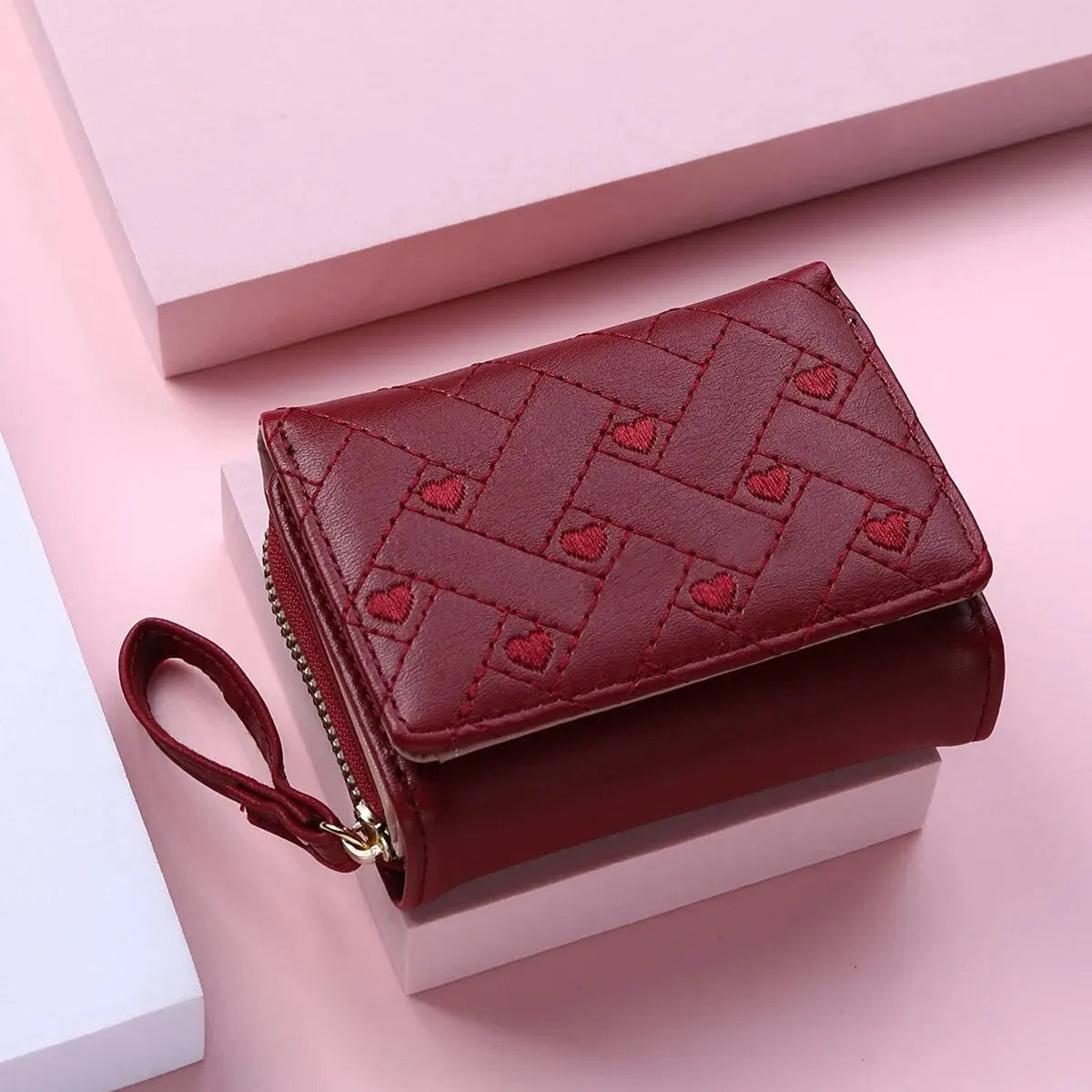 Women’s Short Embroidered Love Wallet – Large Capacity Card & Coin Zipper Bag