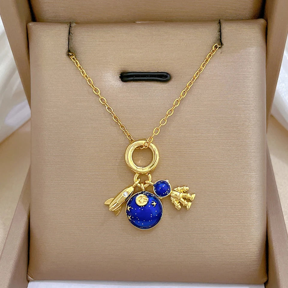 Titanium Star & Planet Pendant Necklace β Gold Astronaut Moon Charm Jewelry for Women