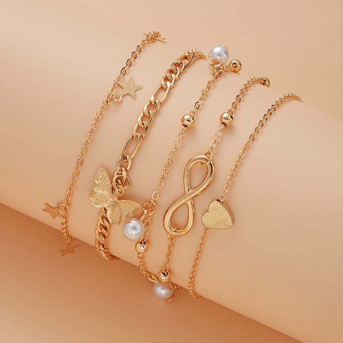 Boho Retro Tassel Anklet Set β 5-Piece Butterfly, Pearl & Charm Foot Bracelet Jewelry