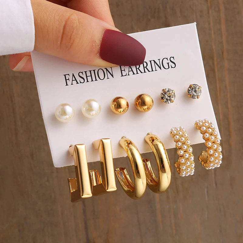 GeoPearl β Vintage Gold Geometric Pearl Earrings Set