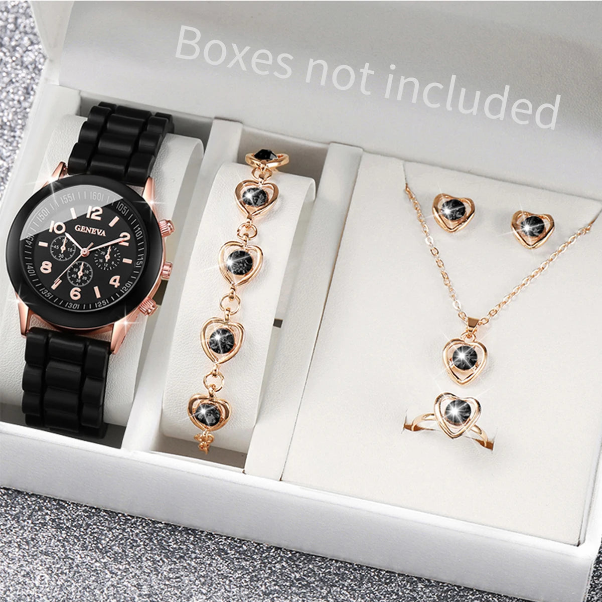 5/6PCS Women’s Fashion Watch & Jewelry Set – Silicone Band Quartz Watches Gift (No Box)