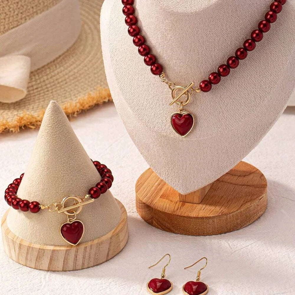 Elegant Rose Pearl Jewelry Set β 3-Piece Imitation Pearl Necklace, Bracelet & Earrings with Heart Charm
