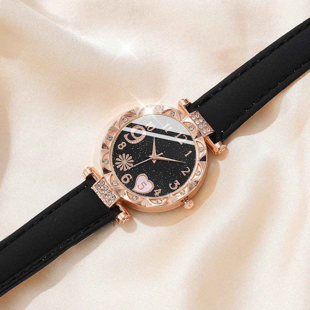 6PCS Women’s Luxury Leather Analog Quartz Watch & Bracelet Set