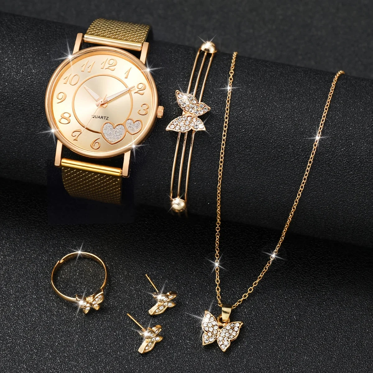 HeartTime – 3/6PCS Women’s Golden Watch & Butterfly Jewelry Set