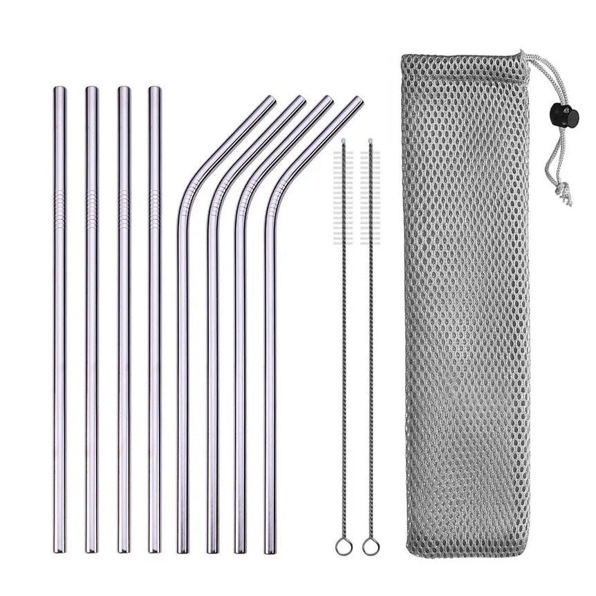 Metal Straws β Reusable 304 Stainless Steel Set with Brush & Pouch