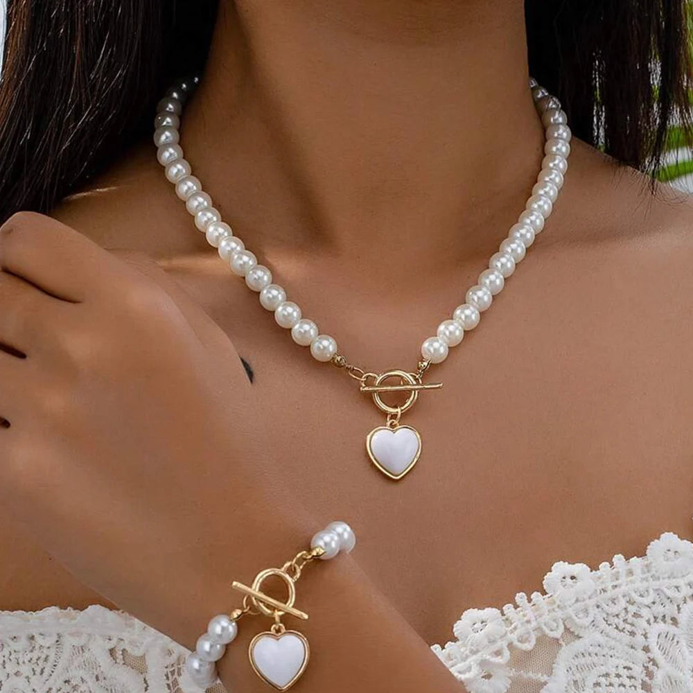 Elegant Rose Pearl Jewelry Set β 3-Piece Imitation Pearl Necklace, Bracelet & Earrings with Heart Charm