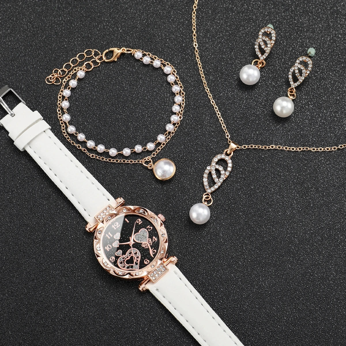 Shiny Rhinestone Watch & Faux Pearl Jewelry Set โ 4PCS Elegant Gift for Her