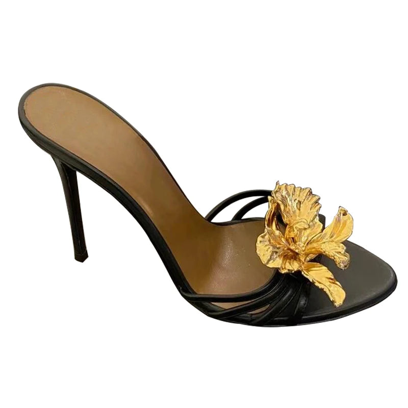 FloraStiletto 2025 β Metal Flower Thin Strap Sandals